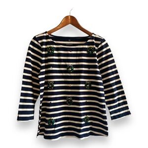 Talbots Womens Navy White Striped Christmas Wreath Pom Pom Cotton Top Size M NWT